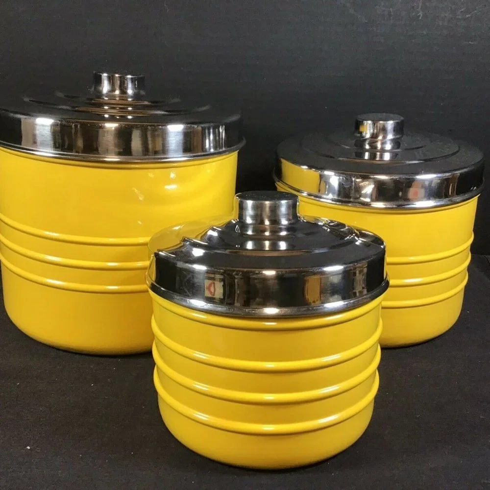 Vintage Pier 1 Imports Metal Canister Set Yellow with Silver Lids India Lot of 3
